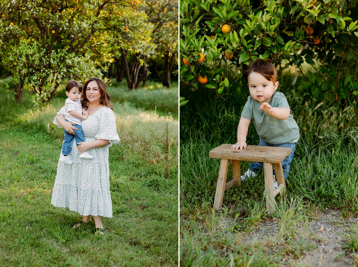 Mom holding one-year-old baby boy during outdoor milestone session with soft natural lightin