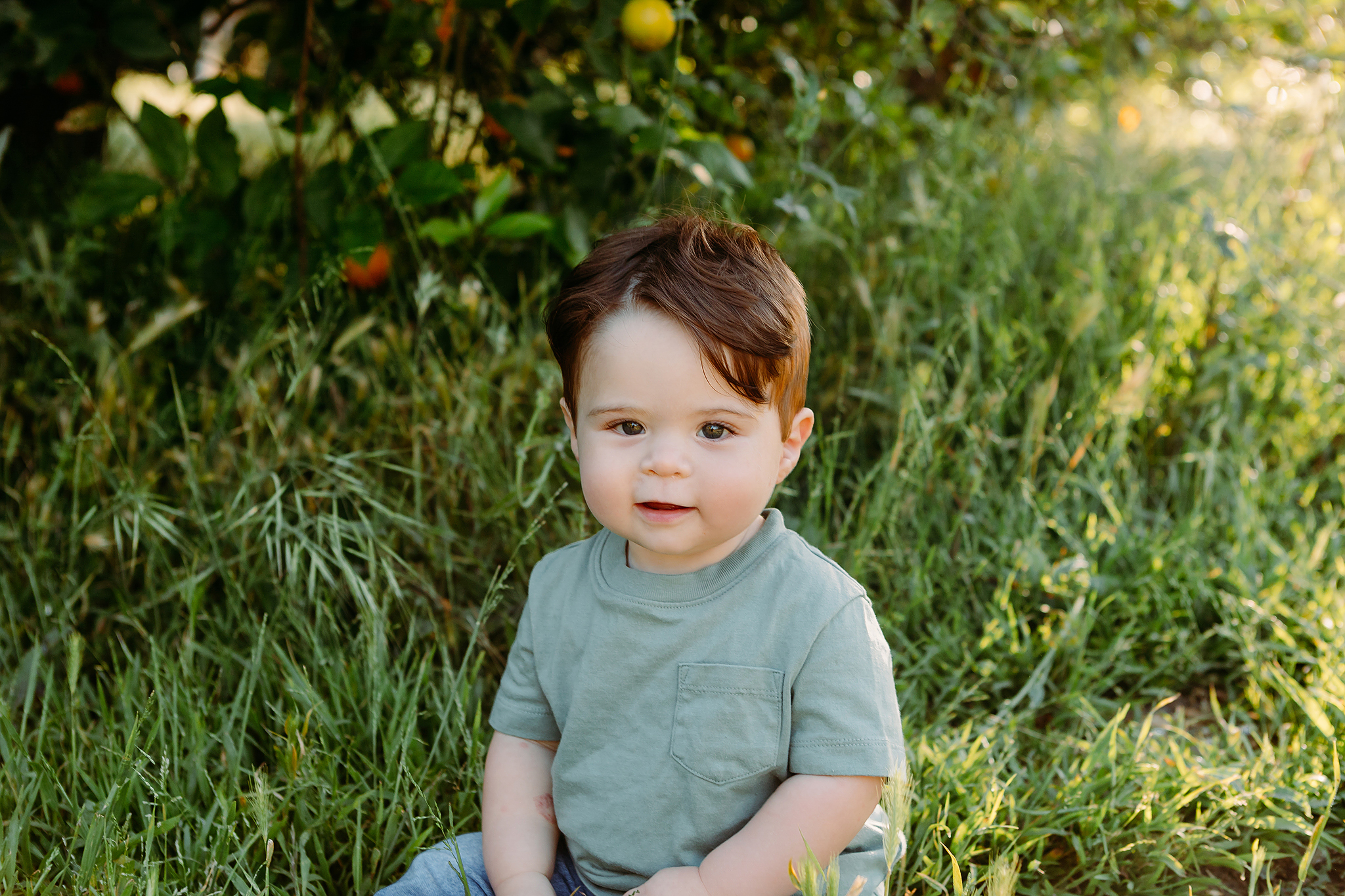 one-year-old baby boy during outdoor milestone session with soft natural lighting